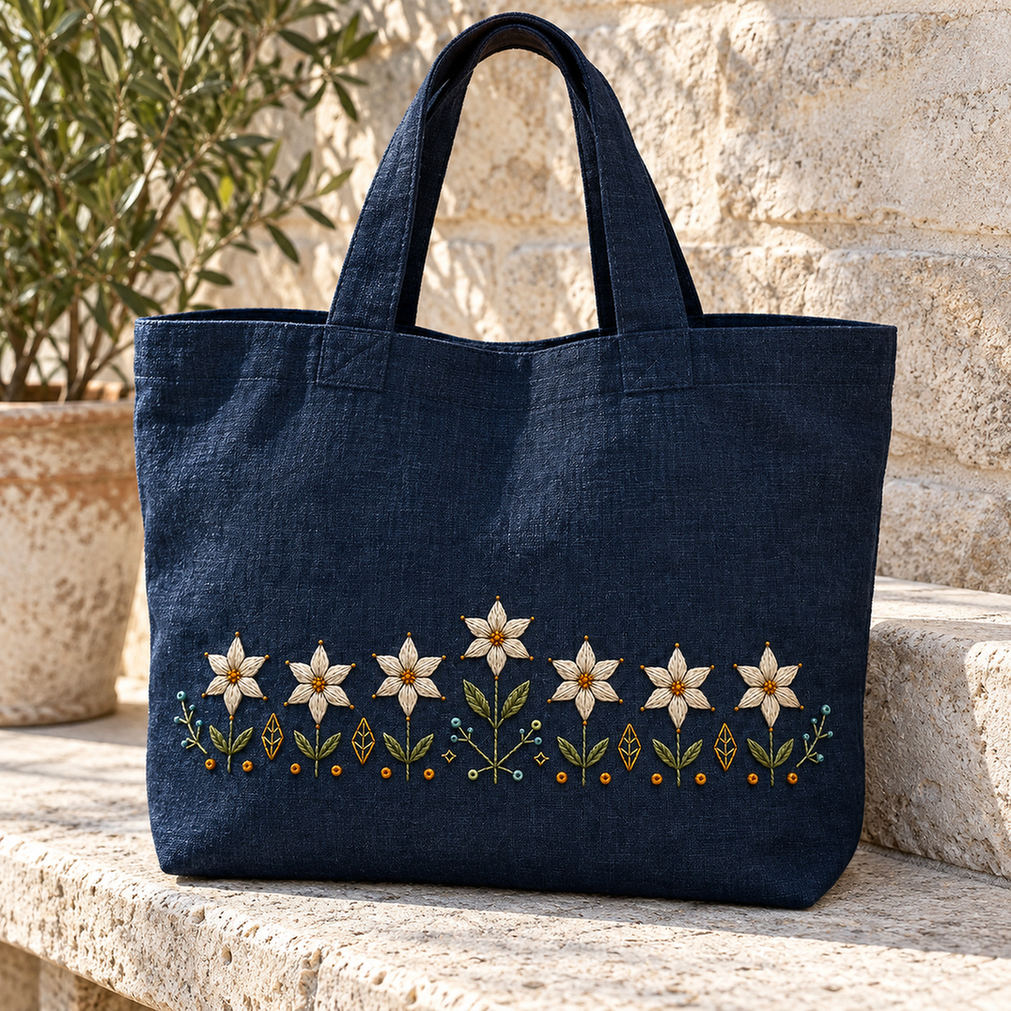 Navy linen tote bag mockup featuring the Starflower Border Chain hand embroidery design. White starflowers form a low border on indigo, with a taller central bloom and small geometric ground marks.