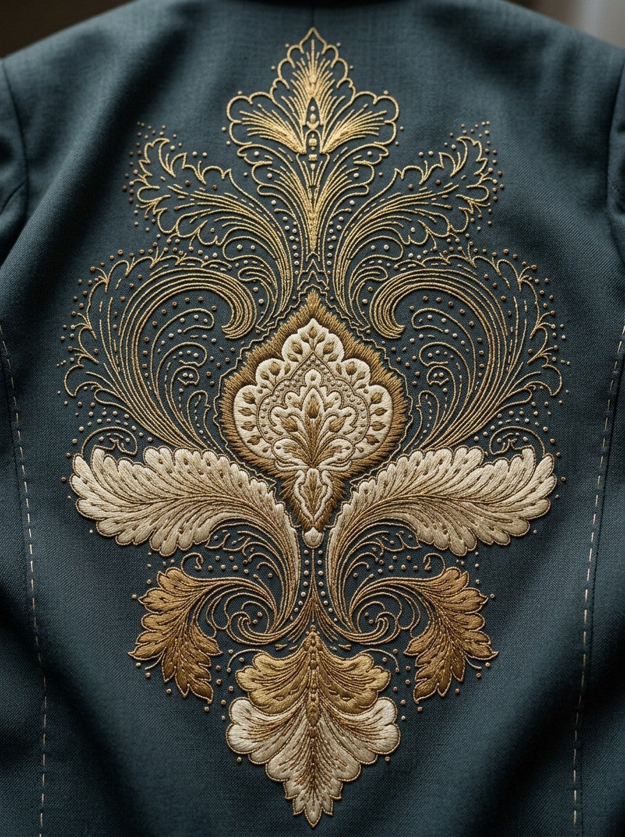 Statement Back Ornamental Panel Fashion from Jacket Backs & Shirt Fronts Embroidery Book 3, a digital embroidery design reference for machine embroidery designs, embroidery patterns and garment placement ideas.