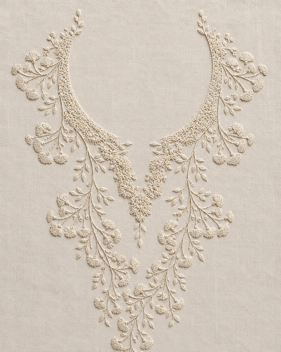 Statement Dress Yoke Design from Neckline & Collar Embroidery Designs Book 4, a digital embroidery design reference for machine embroidery designs, embroidery patterns and garment placement ideas.