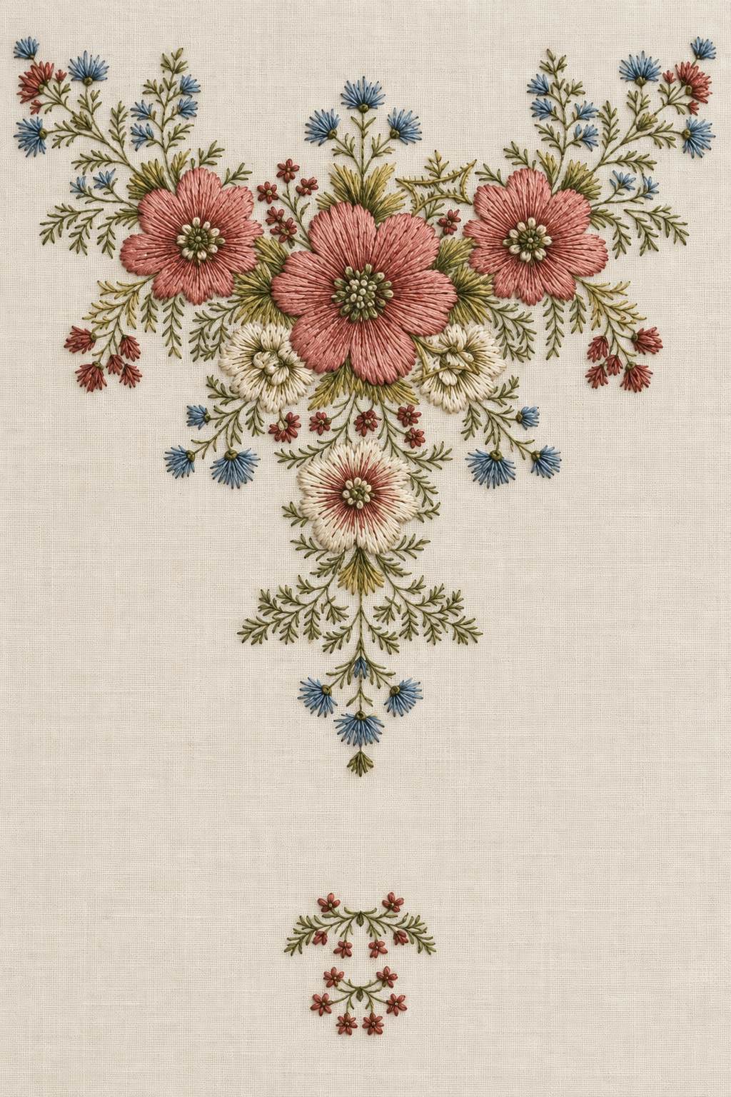 Accent Designs and Mini Motif Library Book 1 - floral pocket corner plate. Fine cotton hand embroidery preview faithful to the original design.