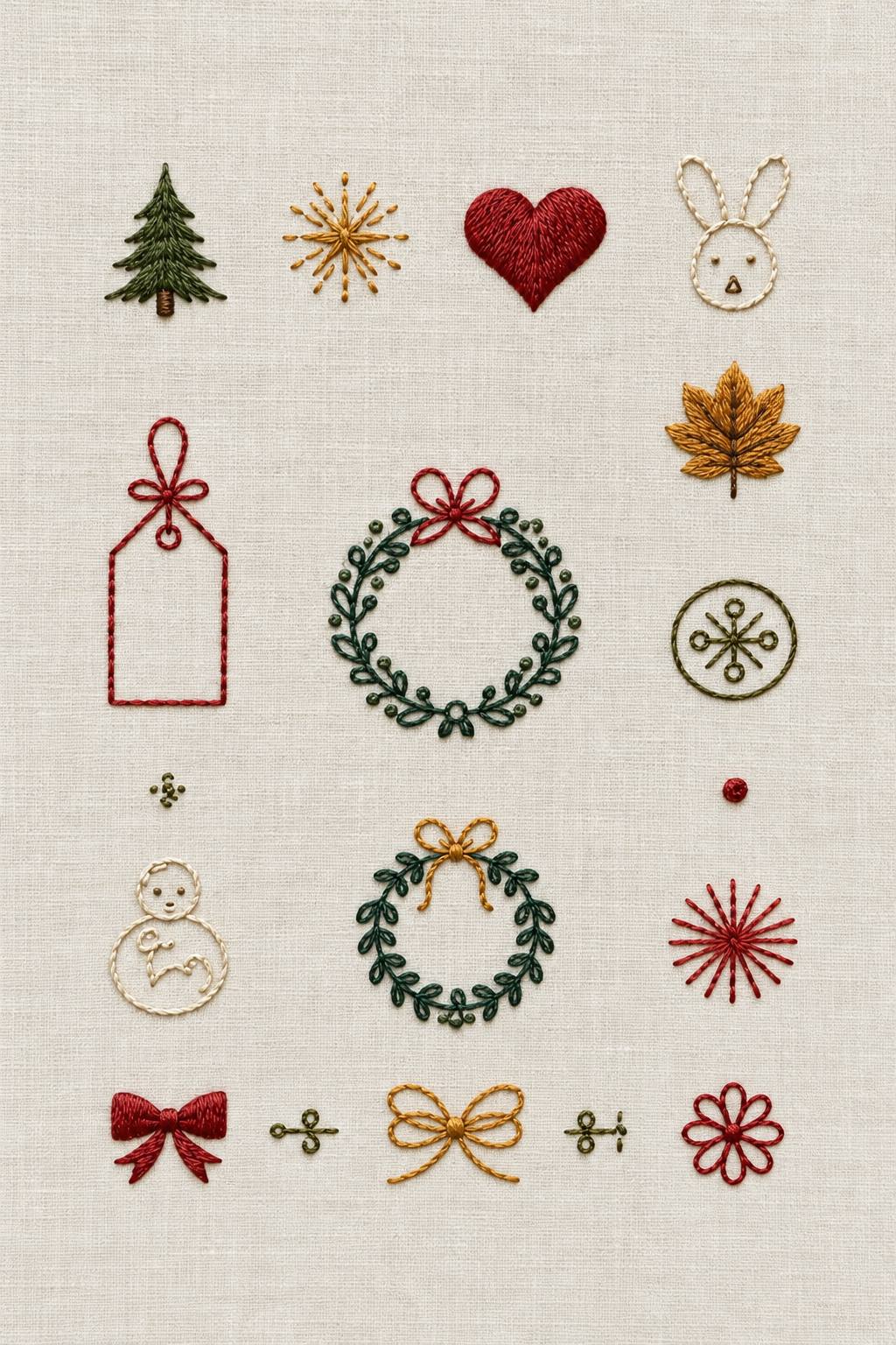 Accent Designs and Mini Motif Library Book 1 - seasonal gift mini sampler. Fine cotton hand embroidery preview faithful to the original design.