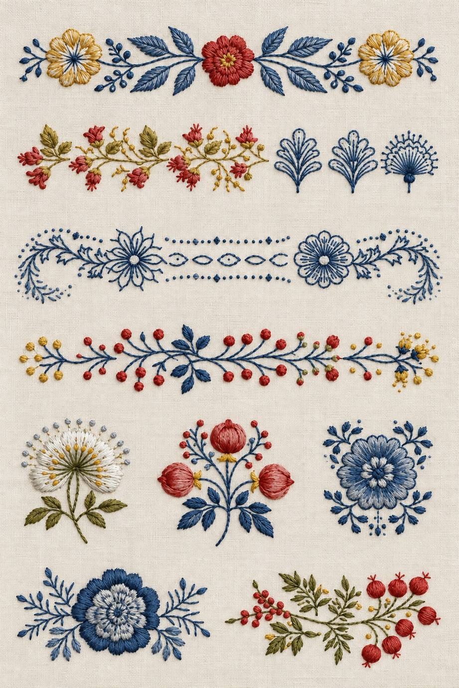 Accent Designs and Mini Motif Library Book 1 - mini border connector sampler. Fine cotton hand embroidery preview faithful to the original design.