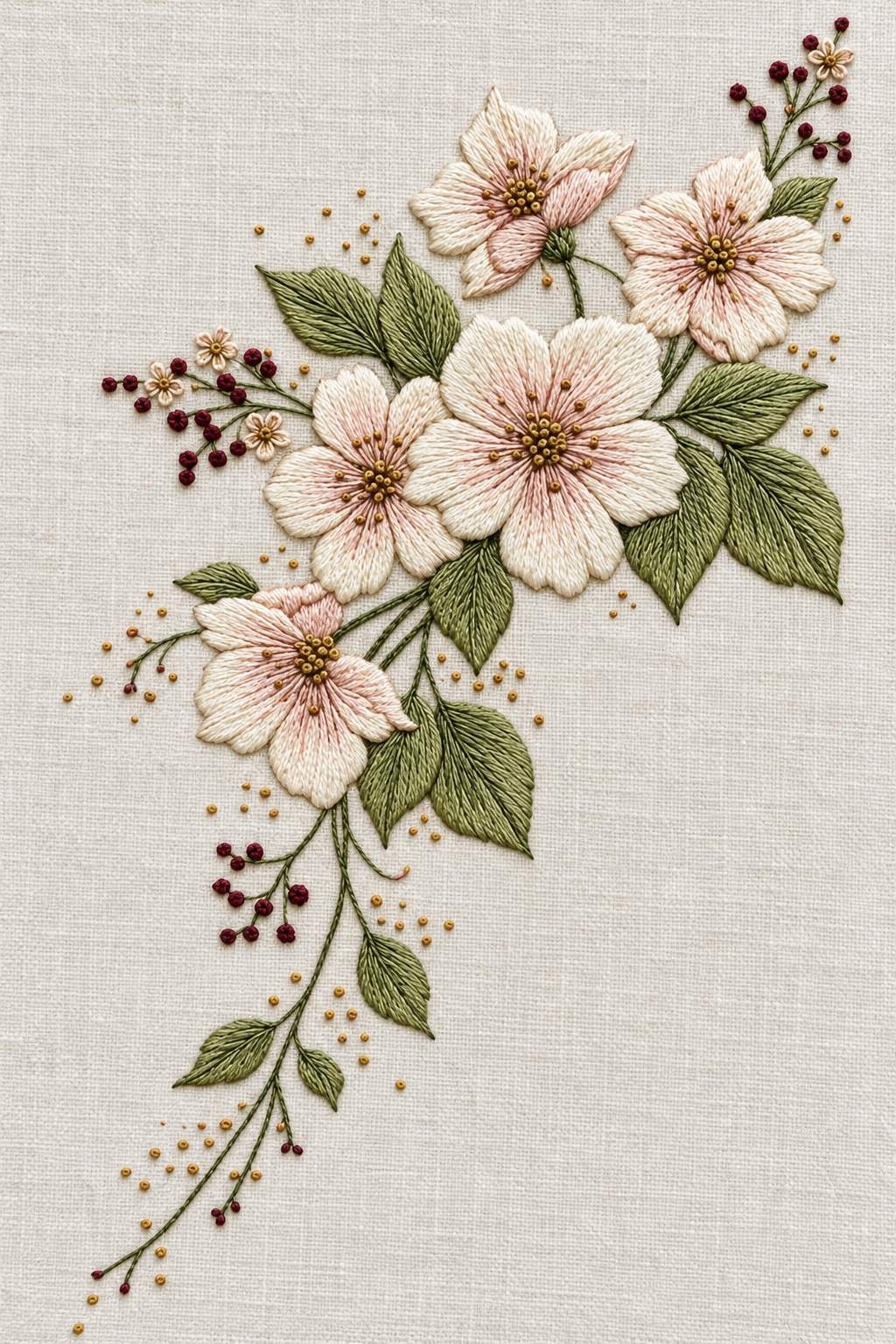 Accent Designs and Mini Motif Library Book 1 - five blossom corner spray. Fine cotton hand embroidery preview faithful to the original design.