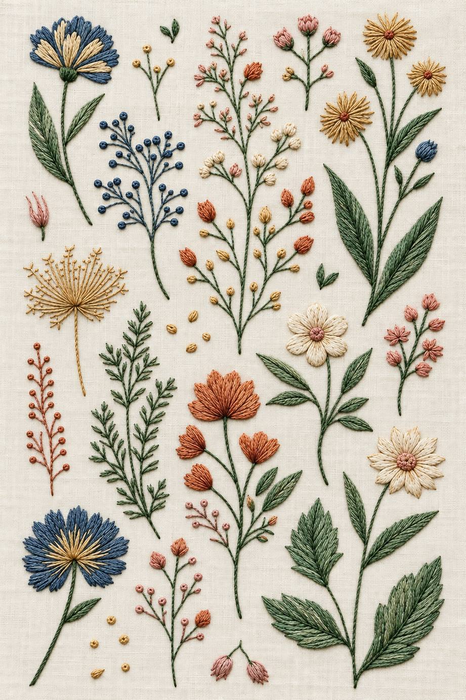 Accent Designs and Mini Motif Library Book 1 - tiny botanical motif collection. Fine cotton hand embroidery preview faithful to the original design.