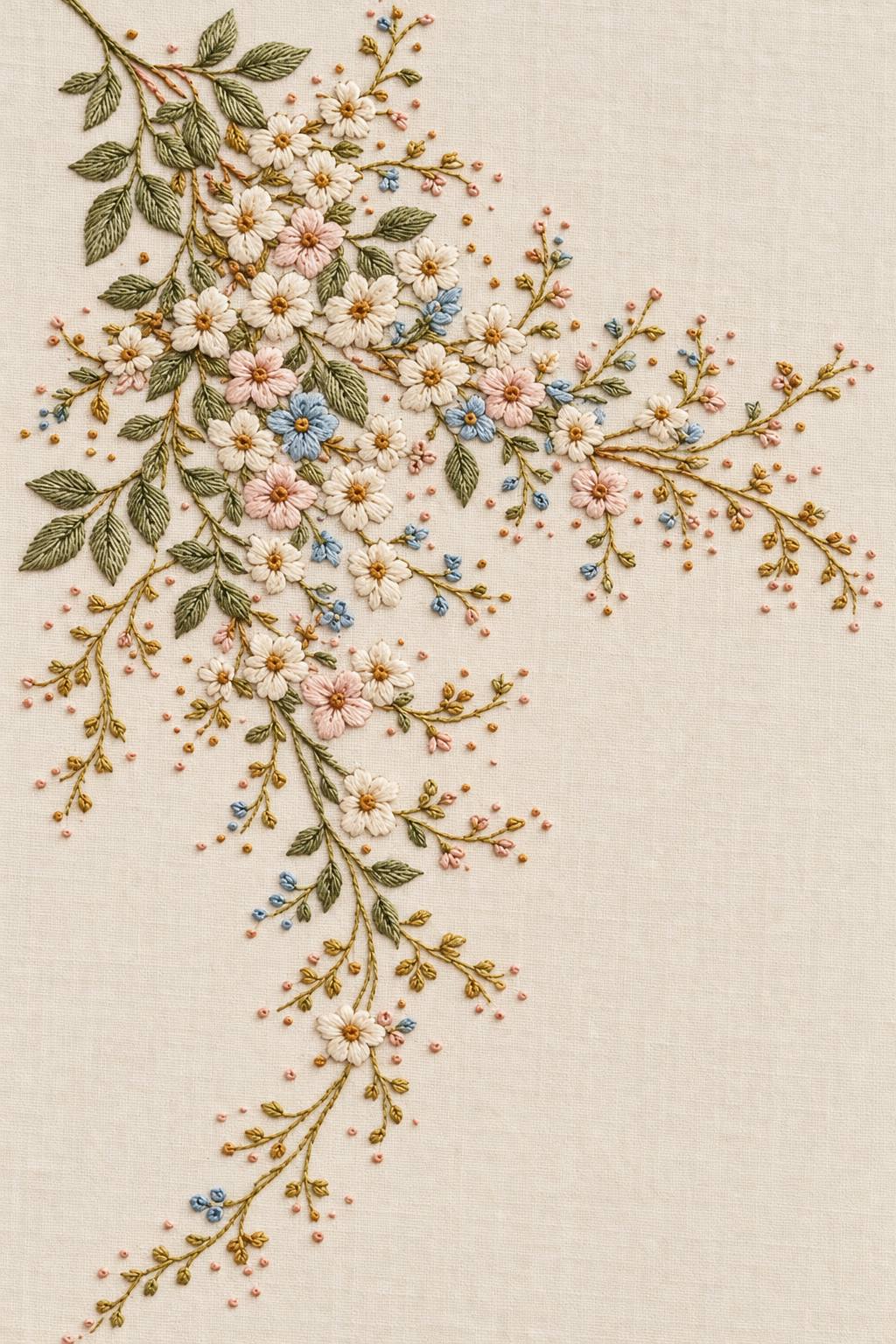 Accent Designs and Mini Motif Library Book 1 - cascading floral frame corner. Fine cotton hand embroidery preview faithful to the original design.