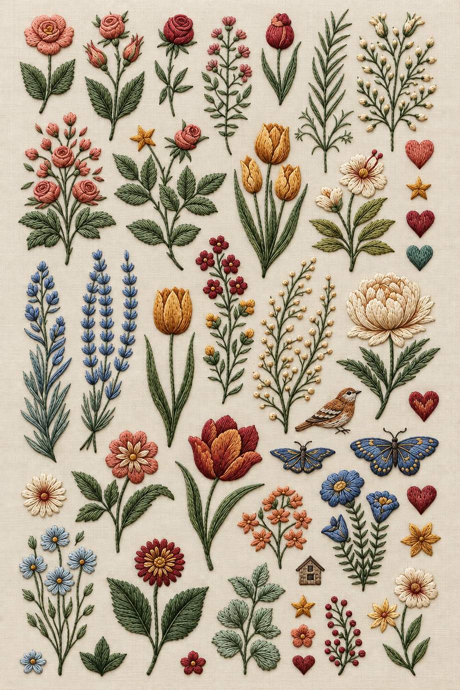 Accent Designs and Mini Motif Library Book 2 - complete mini motif botanical sampler. Fine cotton hand embroidery preview faithful to the original design.