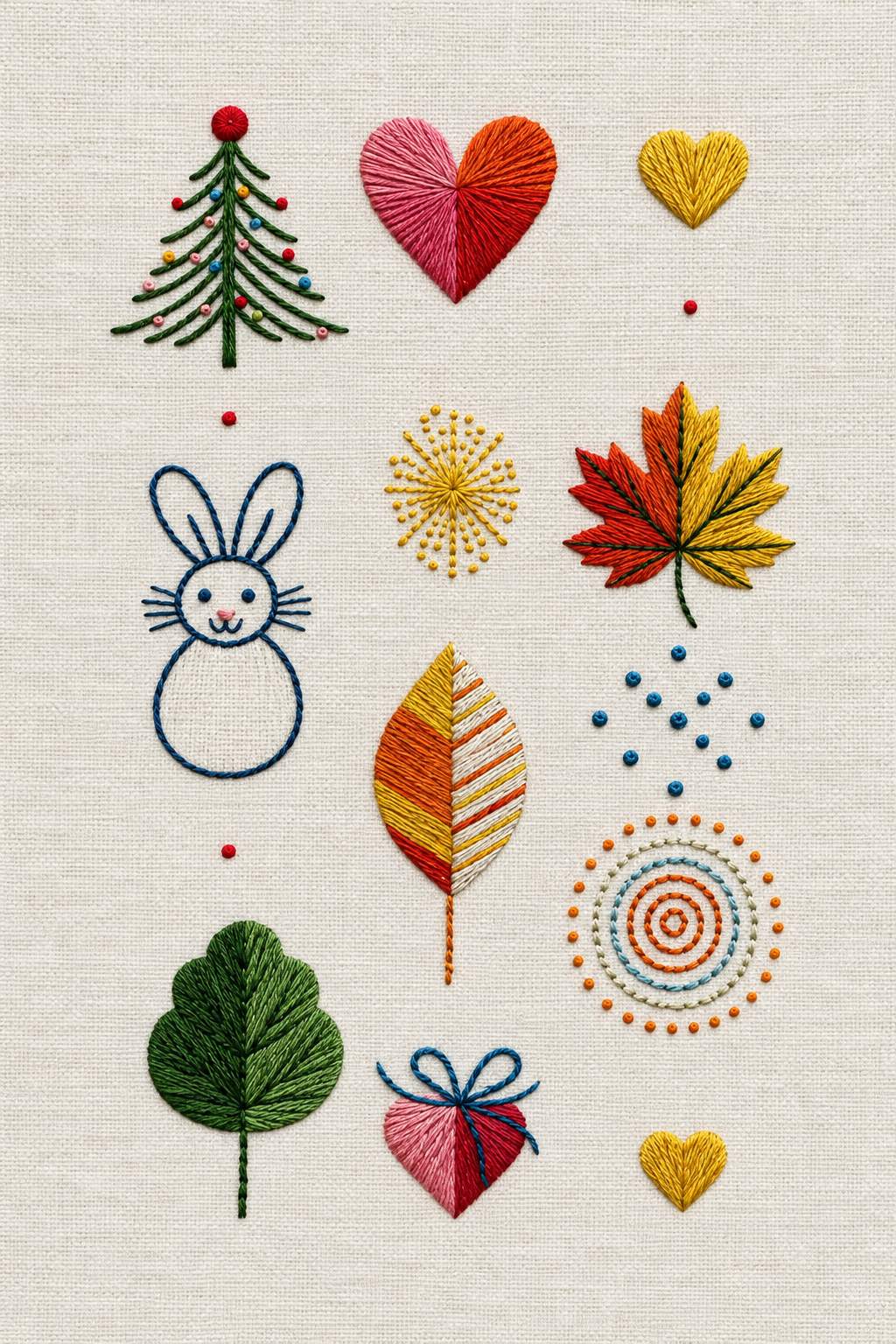 Accent Designs and Mini Motif Library Book 2 - seasonal symbol mini sampler. Fine cotton hand embroidery preview faithful to the original design.