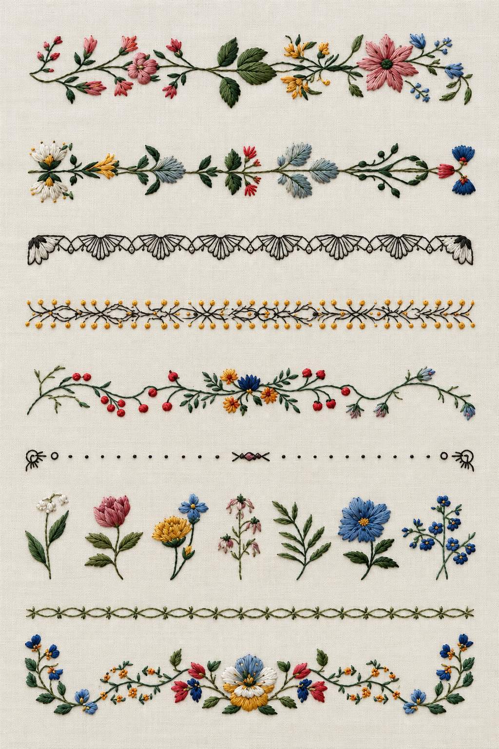 Accent Designs and Mini Motif Library Book 2 - mini border floral sampler. Fine cotton hand embroidery preview faithful to the original design.