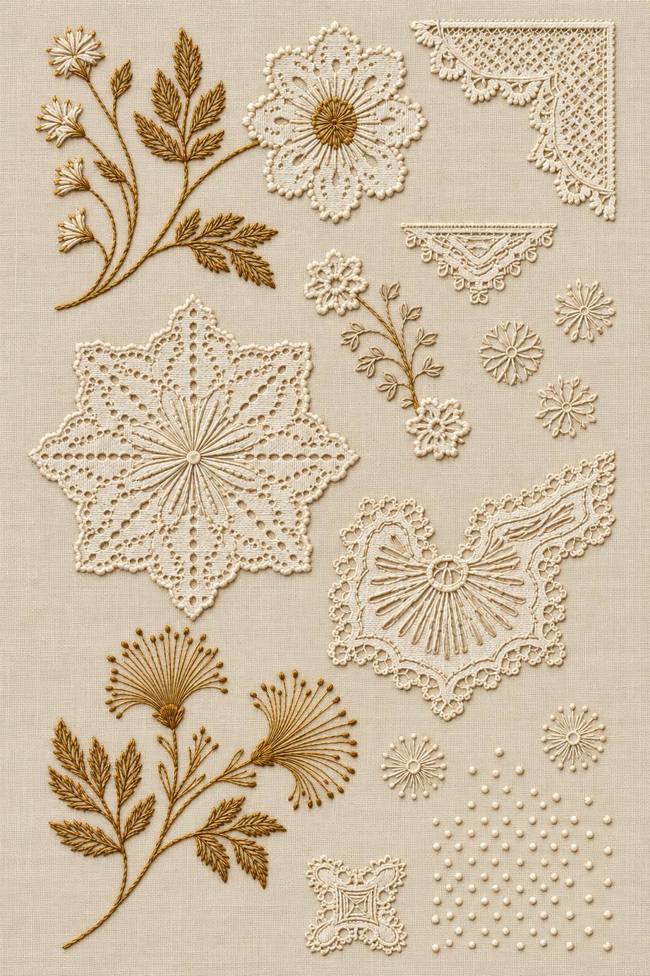 Accent Designs and Mini Motif Library Book 2 - whitework and botanical sampler. Fine cotton hand embroidery preview faithful to the original design.
