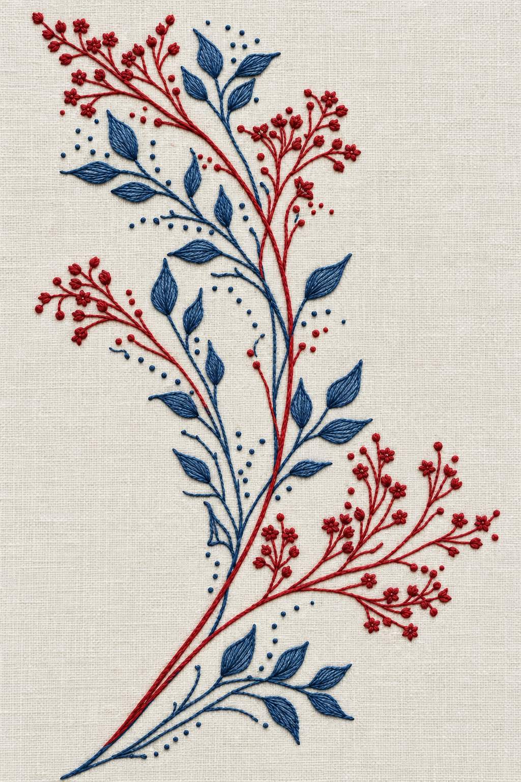 Accent Designs and Mini Motif Library Book 2 - red and blue branching accent. Fine cotton hand embroidery preview faithful to the original design.
