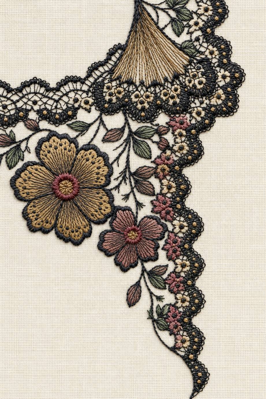 Accent Designs and Mini Motif Library Book 2 - dark floral lace corner. Fine cotton hand embroidery preview faithful to the original design.