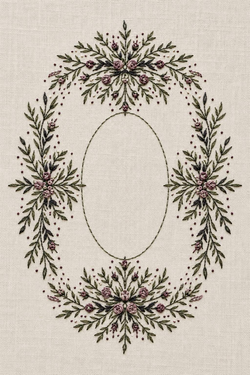 Accent Designs and Mini Motif Library Book 2 - four cluster oval frame. Fine cotton hand embroidery preview faithful to the original design.