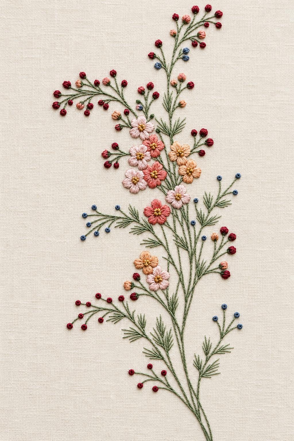 Accent Designs and Mini Motif Library Book 2 - tiny flower and berry sprig. Fine cotton hand embroidery preview faithful to the original design.