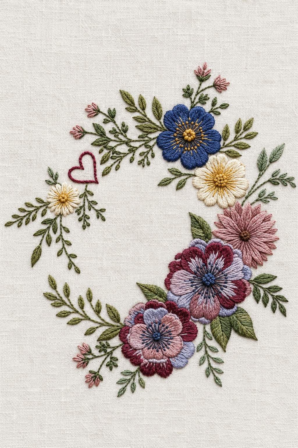 Accent Designs and Mini Motif Library Book 2 - open floral wreath with heart. Fine cotton hand embroidery preview faithful to the original design.