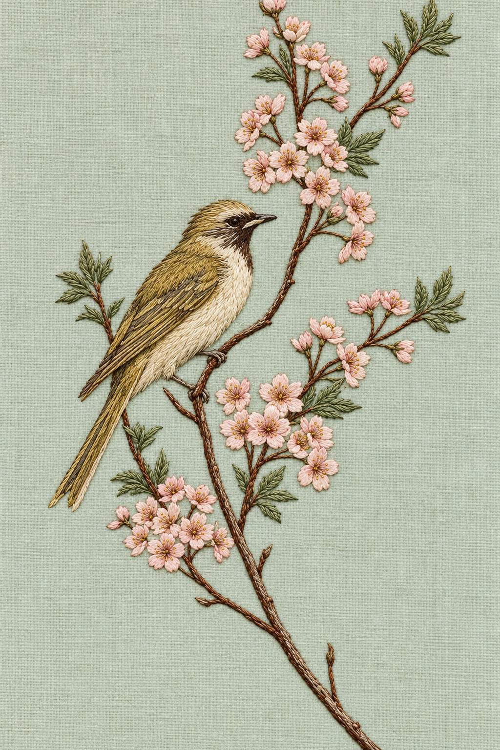 Birds Embroidery Book 2 - bird cherry blossom. Fine cotton hand embroidery on linen, faithful to the original pattern.