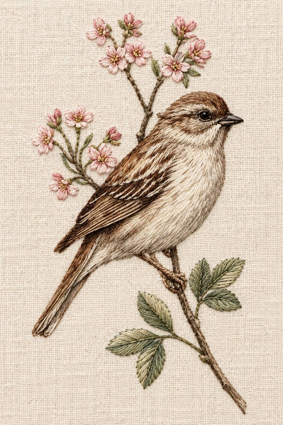 Birds Embroidery Book 2 - bird guest towel. Fine cotton hand embroidery on linen, faithful to the original pattern.