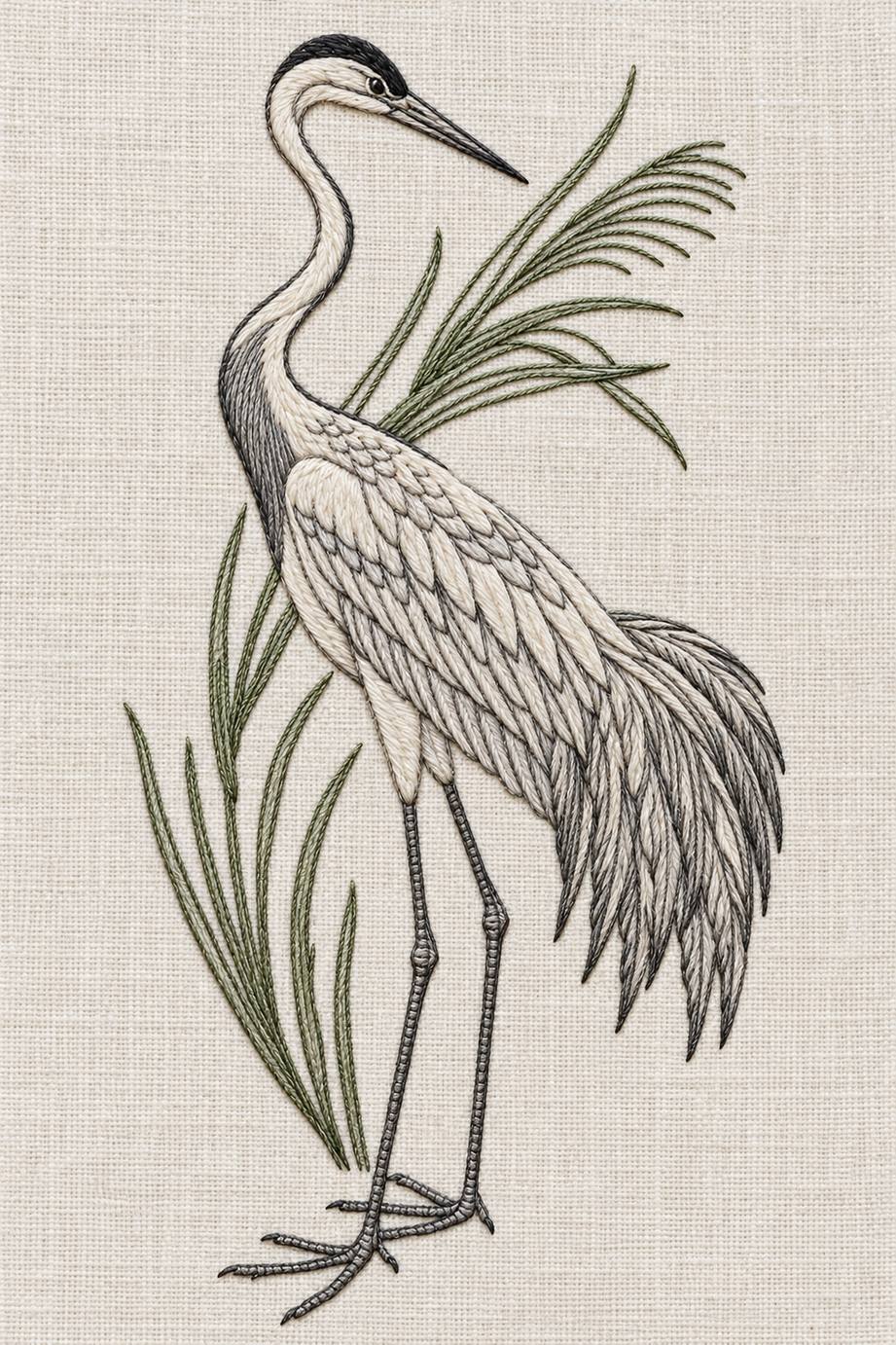 Birds Embroidery Book 2 - elegant crane. Fine cotton hand embroidery on linen, faithful to the original pattern.