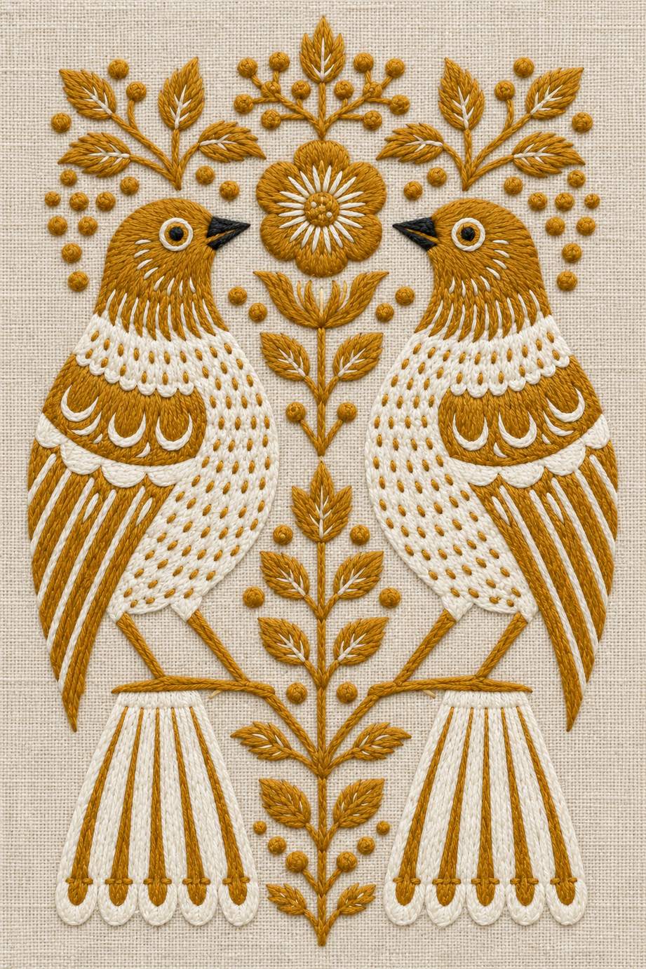 Birds Embroidery Book 2 - mirrored folk birds. Fine cotton hand embroidery on linen, faithful to the original pattern.
