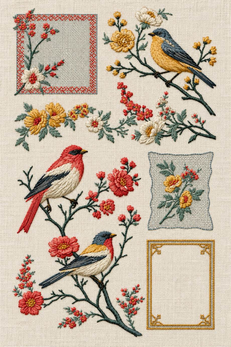 Birds Embroidery Book 4 - bird home textile plate. Fine cotton hand embroidery on linen, faithful to the original pattern.
