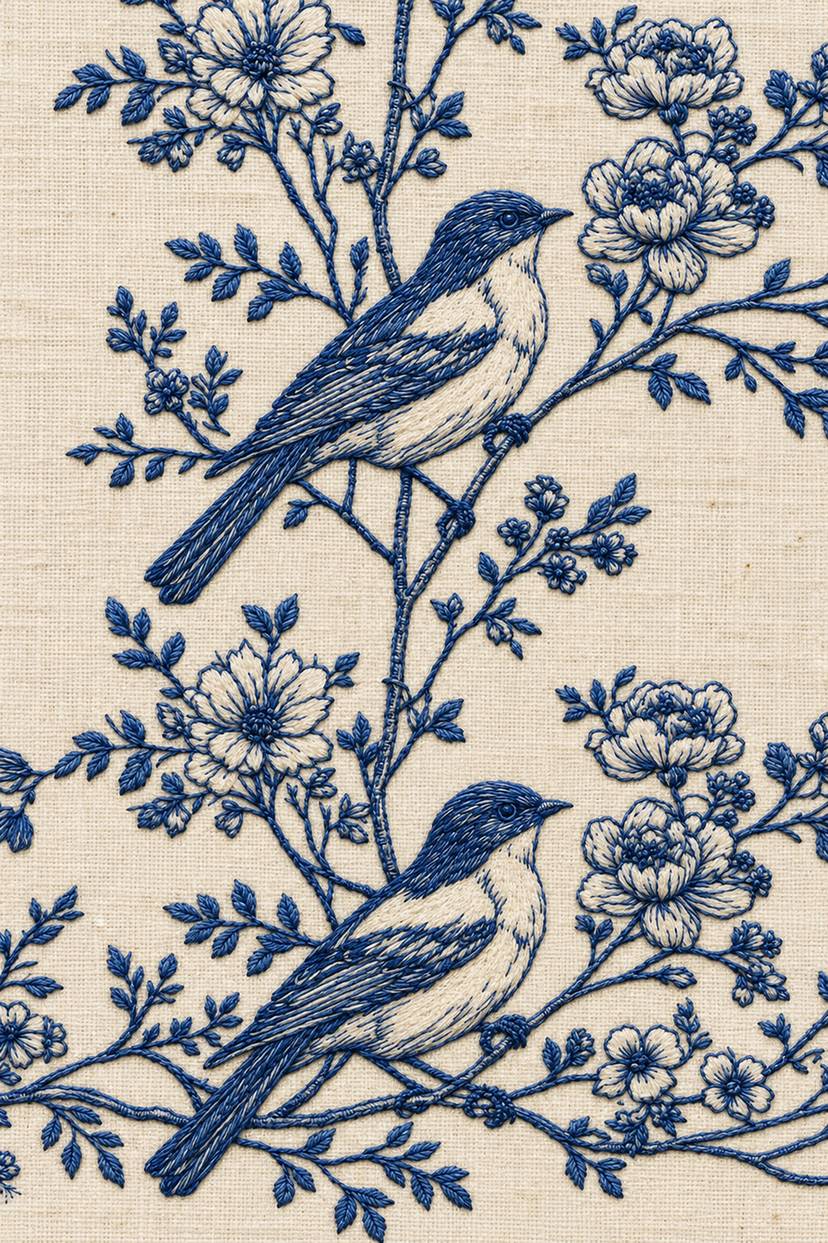 Birds Embroidery Book 4 - blue birds botanical repeat. Fine cotton hand embroidery on linen, faithful to the original pattern.