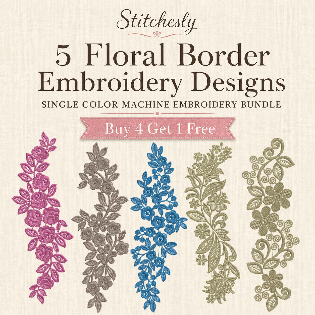 Floral vine border machine embroidery bundle cover with five long botanical border designs.