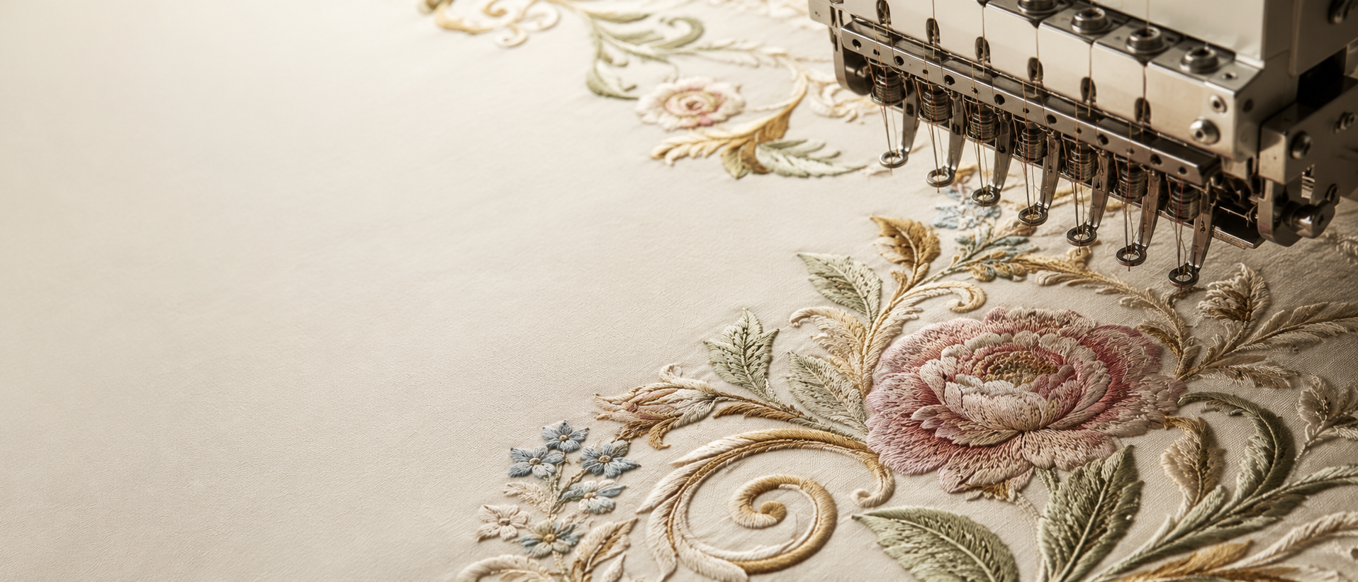 Close-up of machine embroidery stitching pink floral and gold ornamental motifs on fabric for Stitchesly digital embroidery designs and books.
