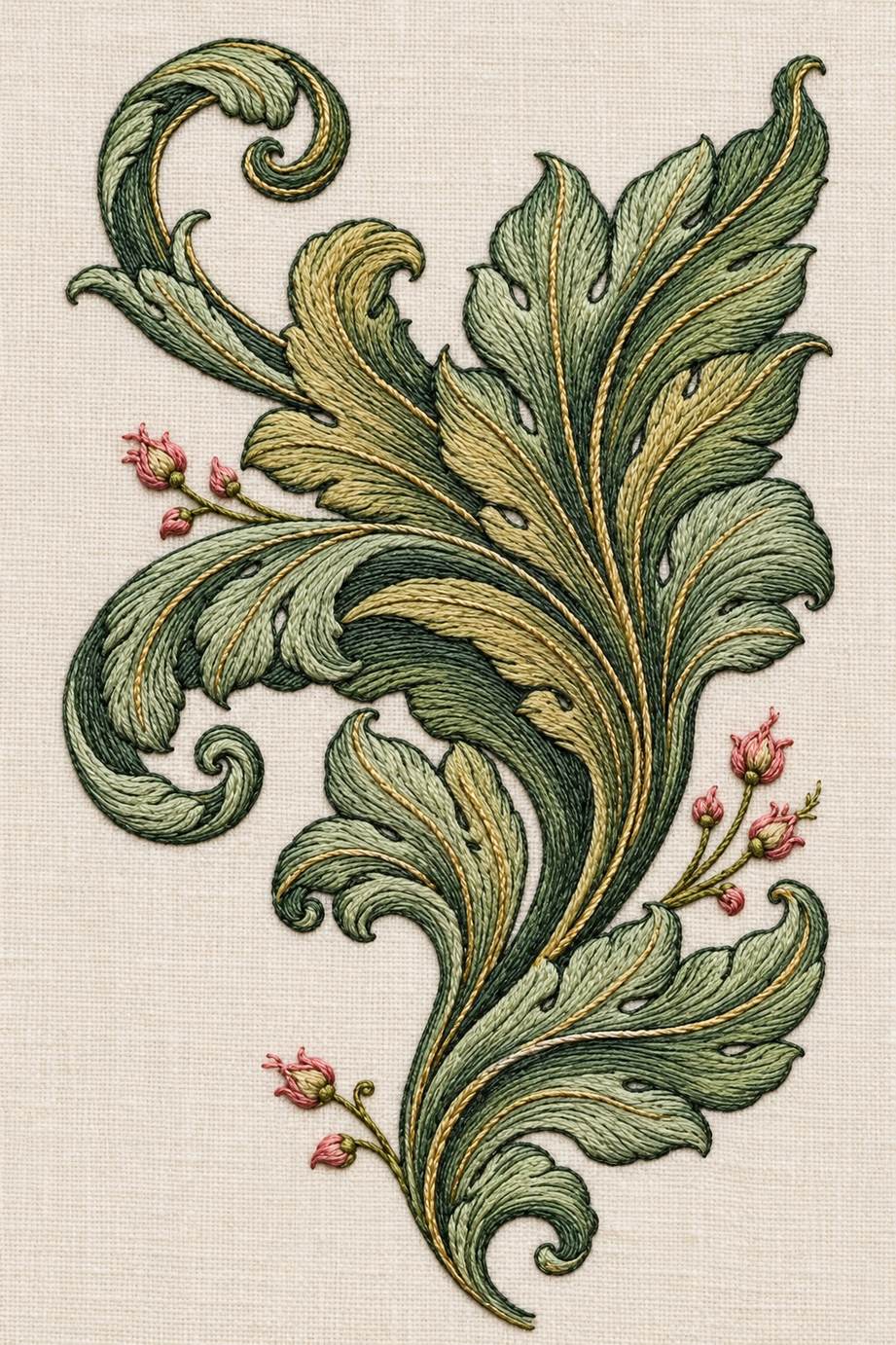 Renaissance Hand Embroidery Book 1 - sage acanthus scroll. Fine cotton hand embroidery preview faithful to the original design.