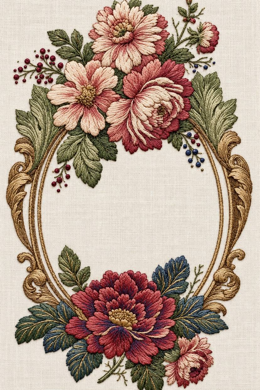 Renaissance Hand Embroidery Book 1 - oval floral acanthus frame. Fine cotton hand embroidery preview faithful to the original design.