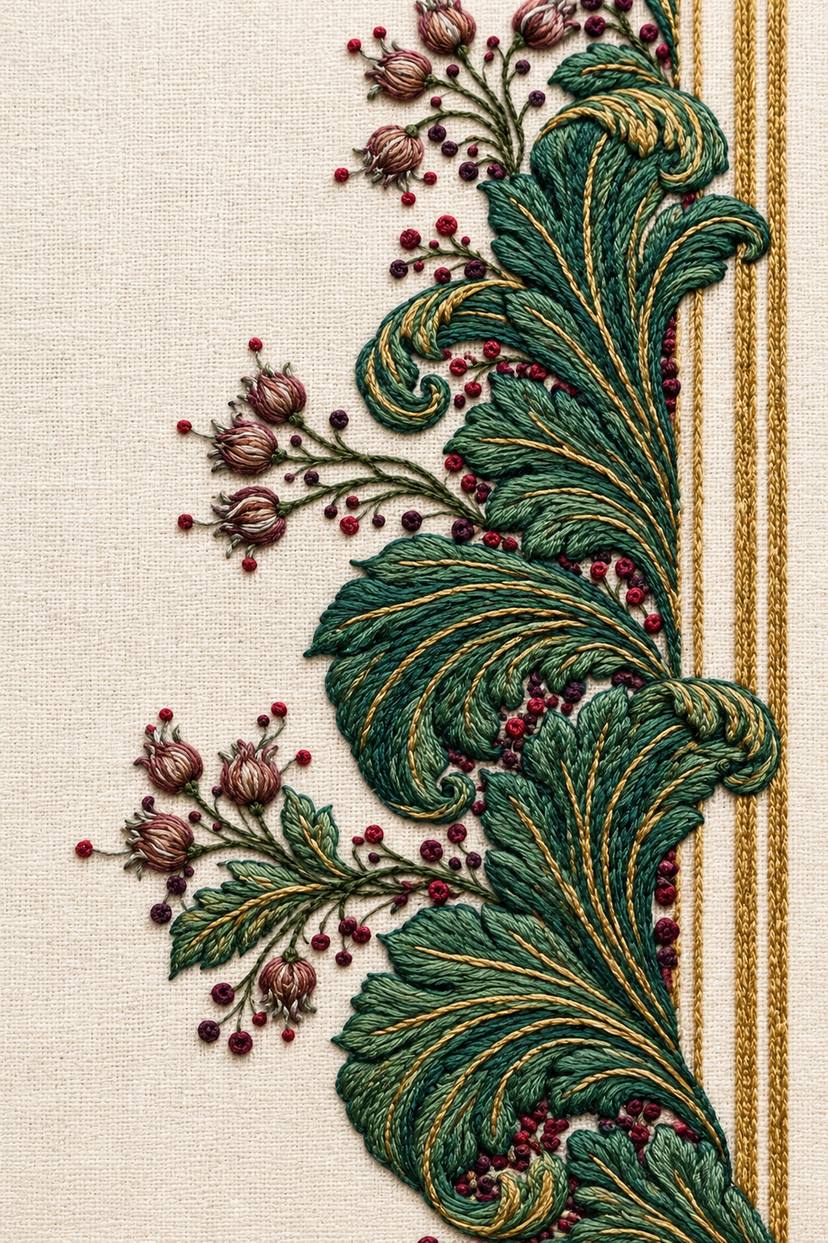 Renaissance Hand Embroidery Book 1 - vertical acanthus berry border. Fine cotton hand embroidery preview faithful to the original design.