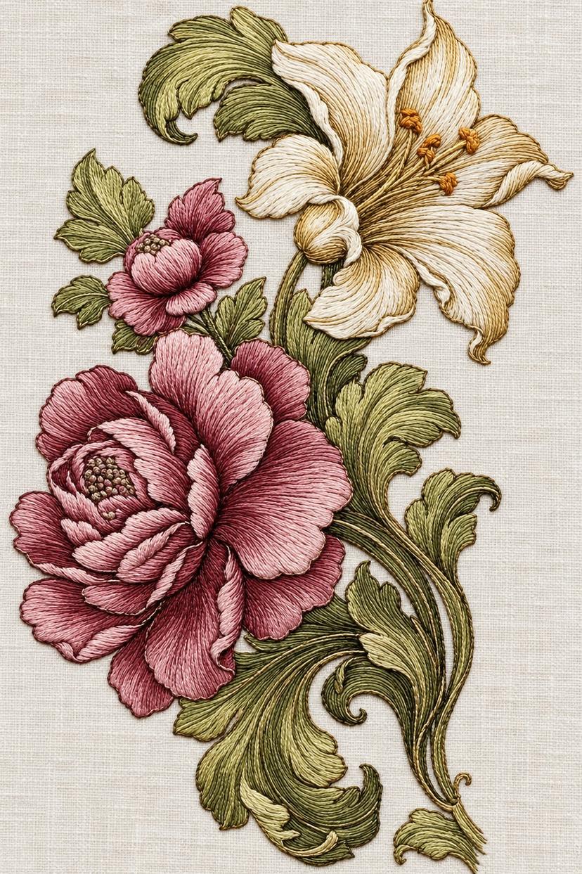 Renaissance Hand Embroidery Book 2 - rose lily acanthus. Fine cotton hand embroidery preview faithful to the original design.