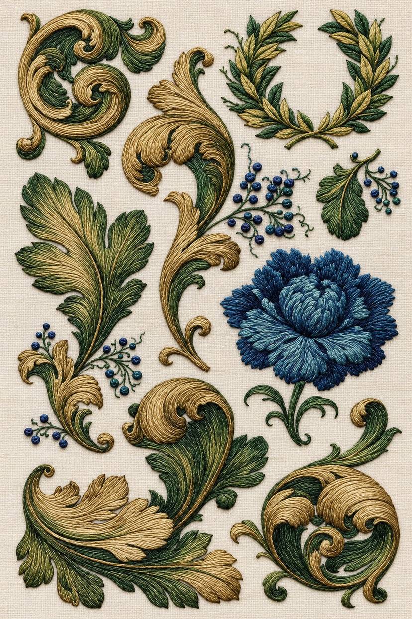 Renaissance Hand Embroidery Book 2 - classical ornament collection. Fine cotton hand embroidery preview faithful to the original design.