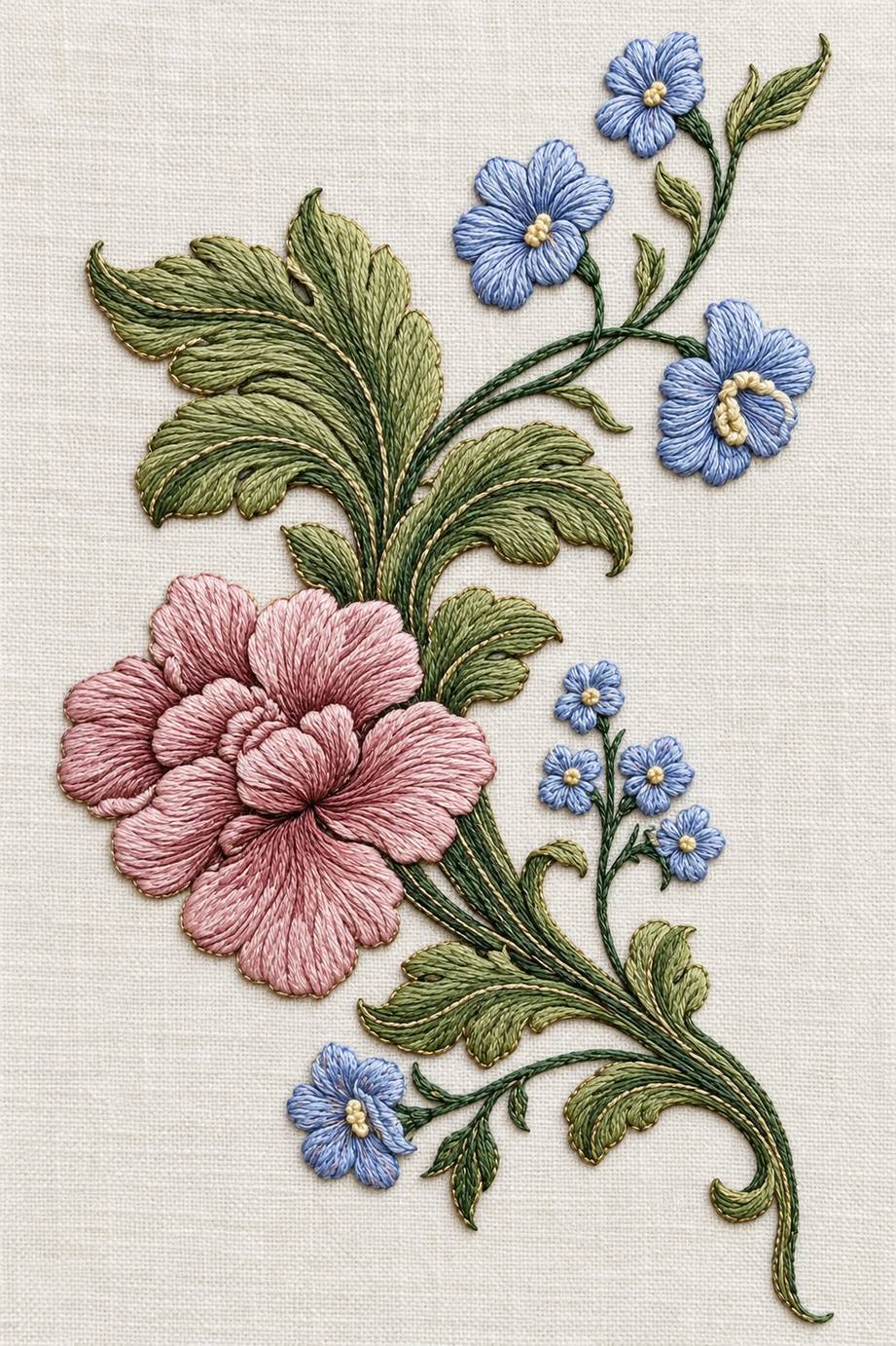 Renaissance Hand Embroidery Book 2 - pink blue floral scroll. Fine cotton hand embroidery preview faithful to the original design.
