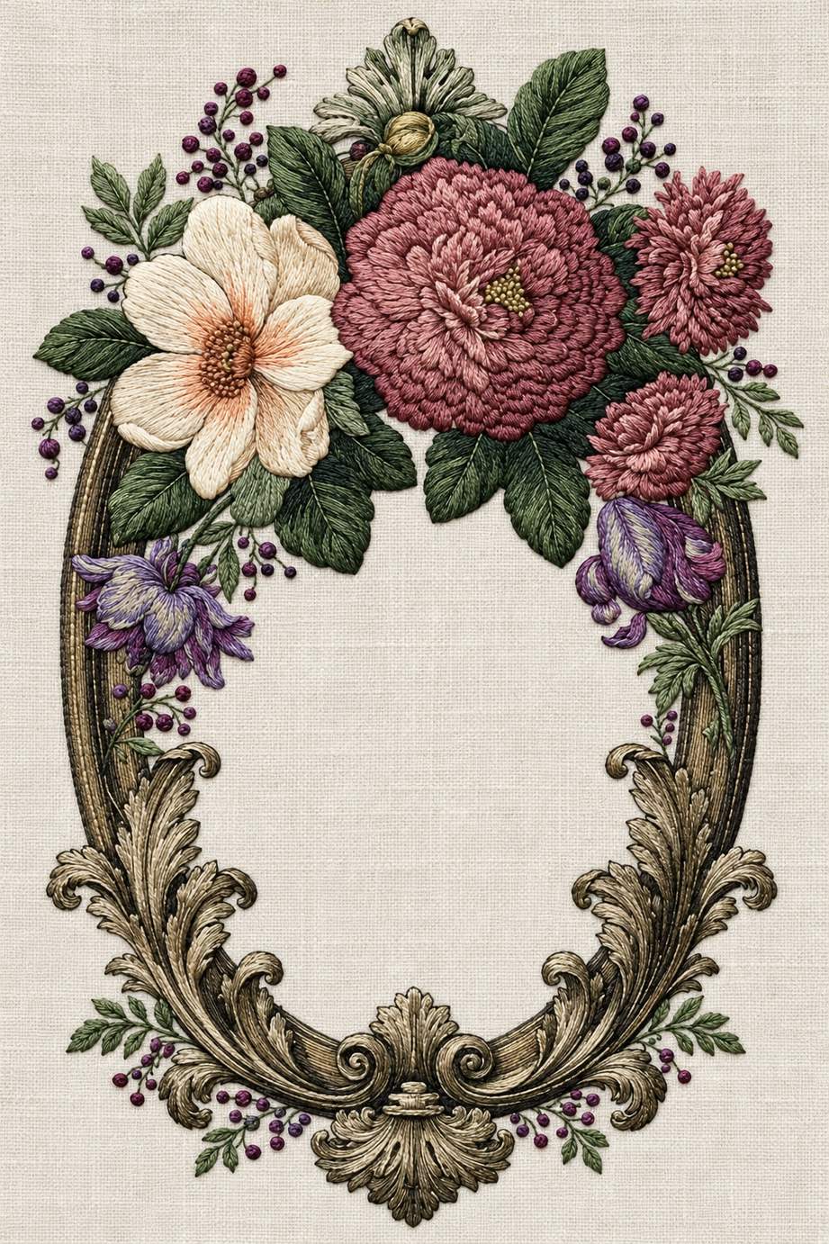 Renaissance Hand Embroidery Book 2 - oval bouquet frame. Fine cotton hand embroidery preview faithful to the original design.