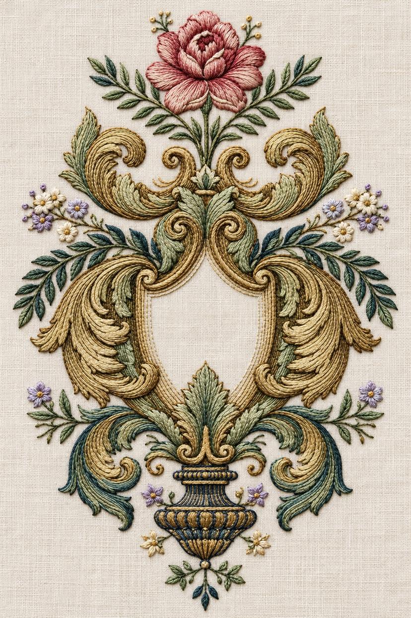 Renaissance Hand Embroidery Book 2 - rose shield cartouche. Fine cotton hand embroidery preview faithful to the original design.