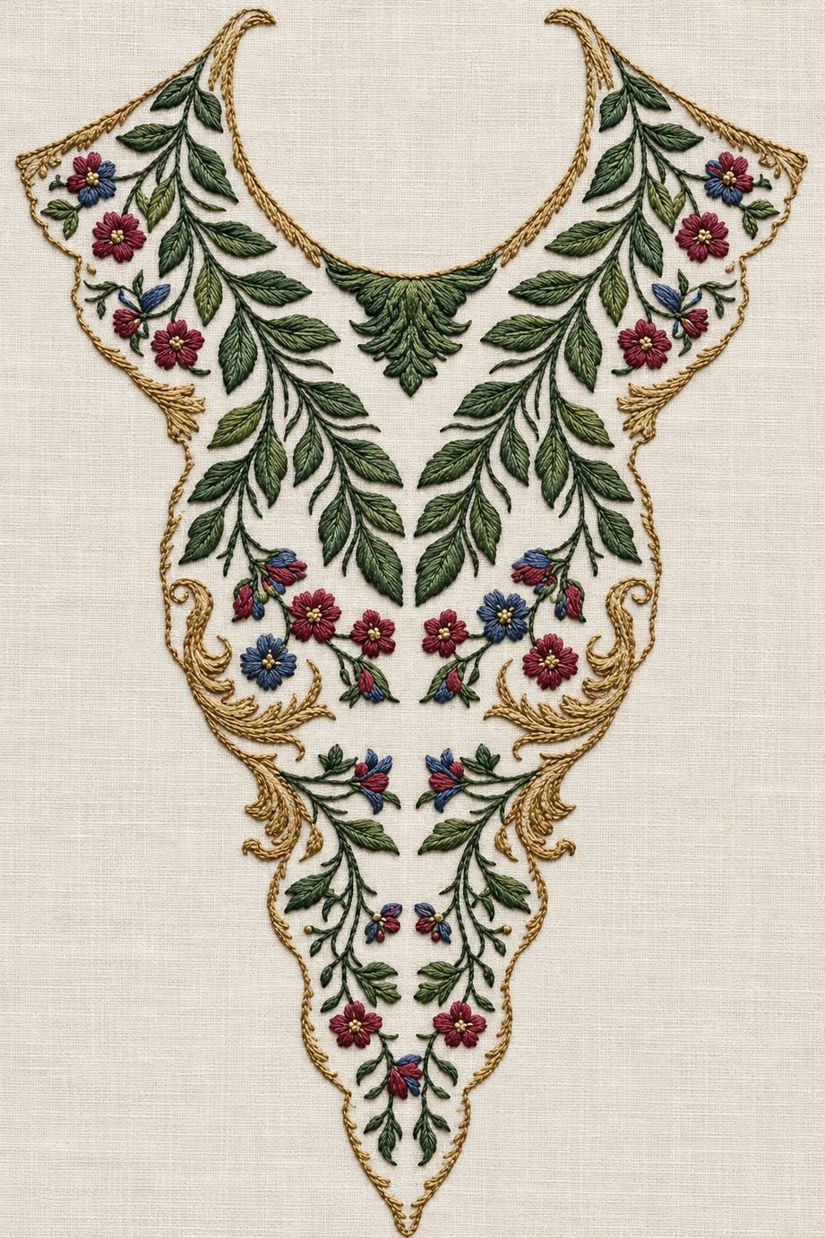 Renaissance Hand Embroidery Book 3 - floral neckline panel. Fine cotton hand embroidery preview faithful to the original design.