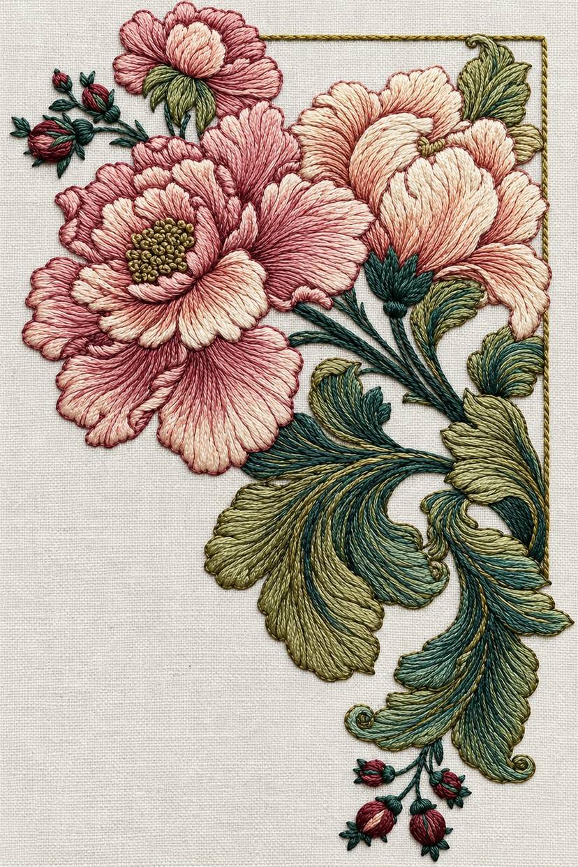 Renaissance Hand Embroidery Book 3 - peony acanthus corner. Fine cotton hand embroidery preview faithful to the original design.