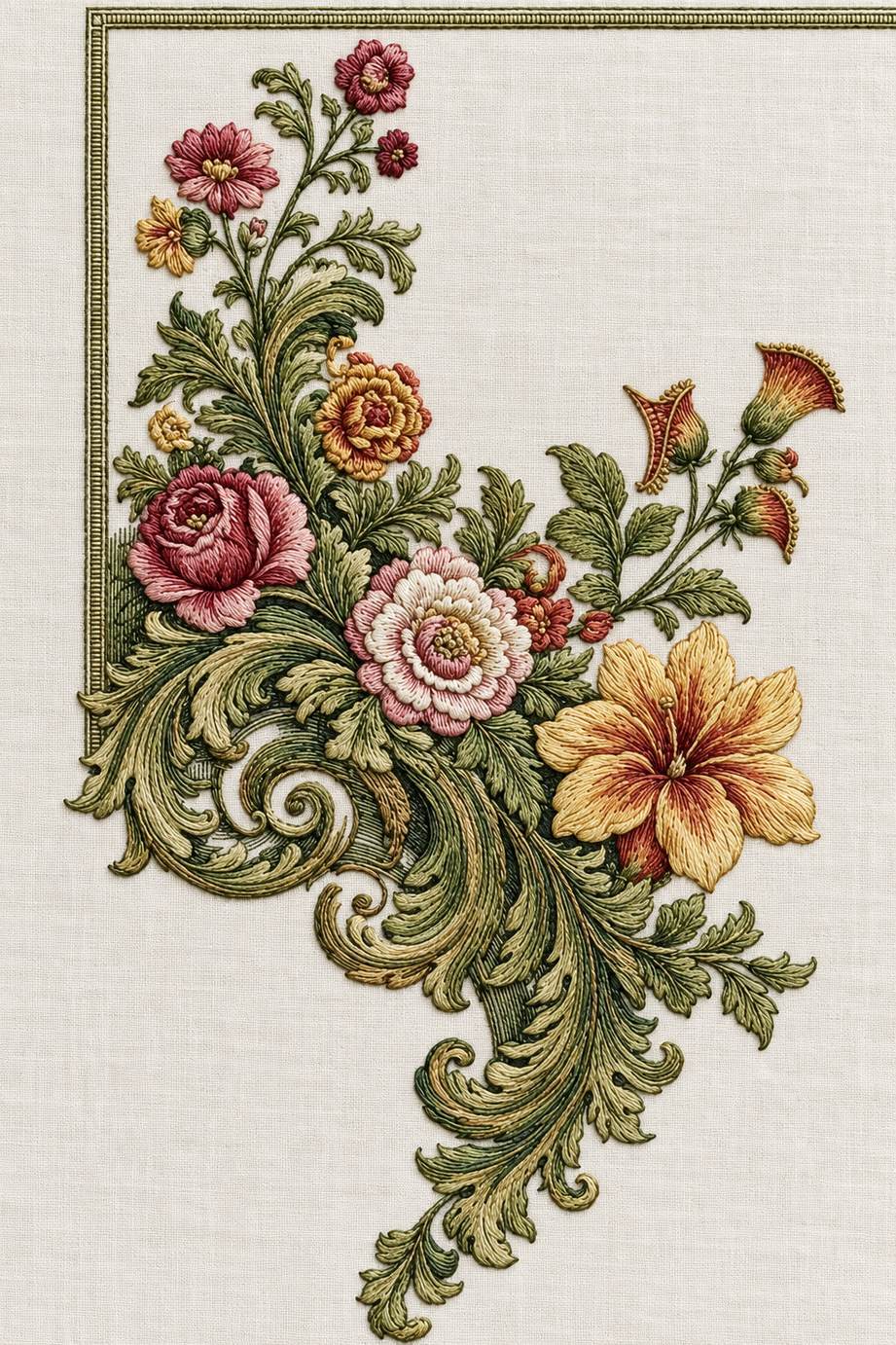 Renaissance Hand Embroidery Book 5 - floral acanthus corner. Fine cotton hand embroidery preview faithful to the original design.