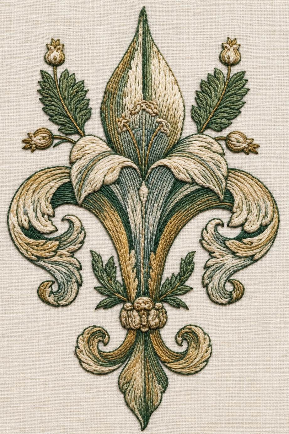 Renaissance Hand Embroidery Book 5 - fleur de lis medallion. Fine cotton hand embroidery preview faithful to the original design.