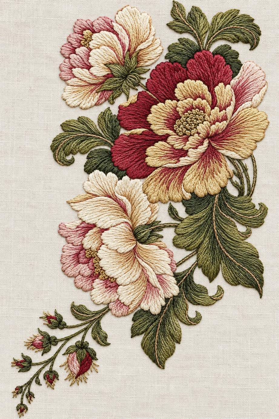 Renaissance Hand Embroidery Book 5 - three peony pendant. Fine cotton hand embroidery preview faithful to the original design.