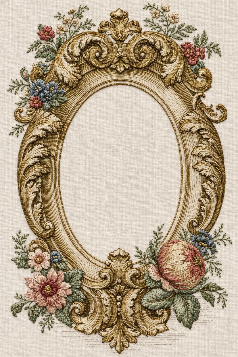 Renaissance Hand Embroidery Book 5 - ornate floral oval frame. Fine cotton hand embroidery preview faithful to the original design.