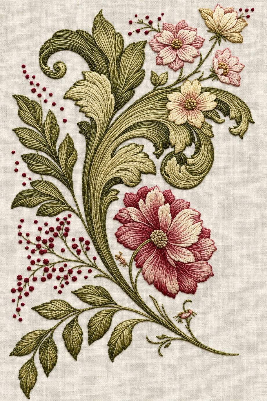 Renaissance Hand Embroidery Book 5 - olive floral branch. Fine cotton hand embroidery preview faithful to the original design.