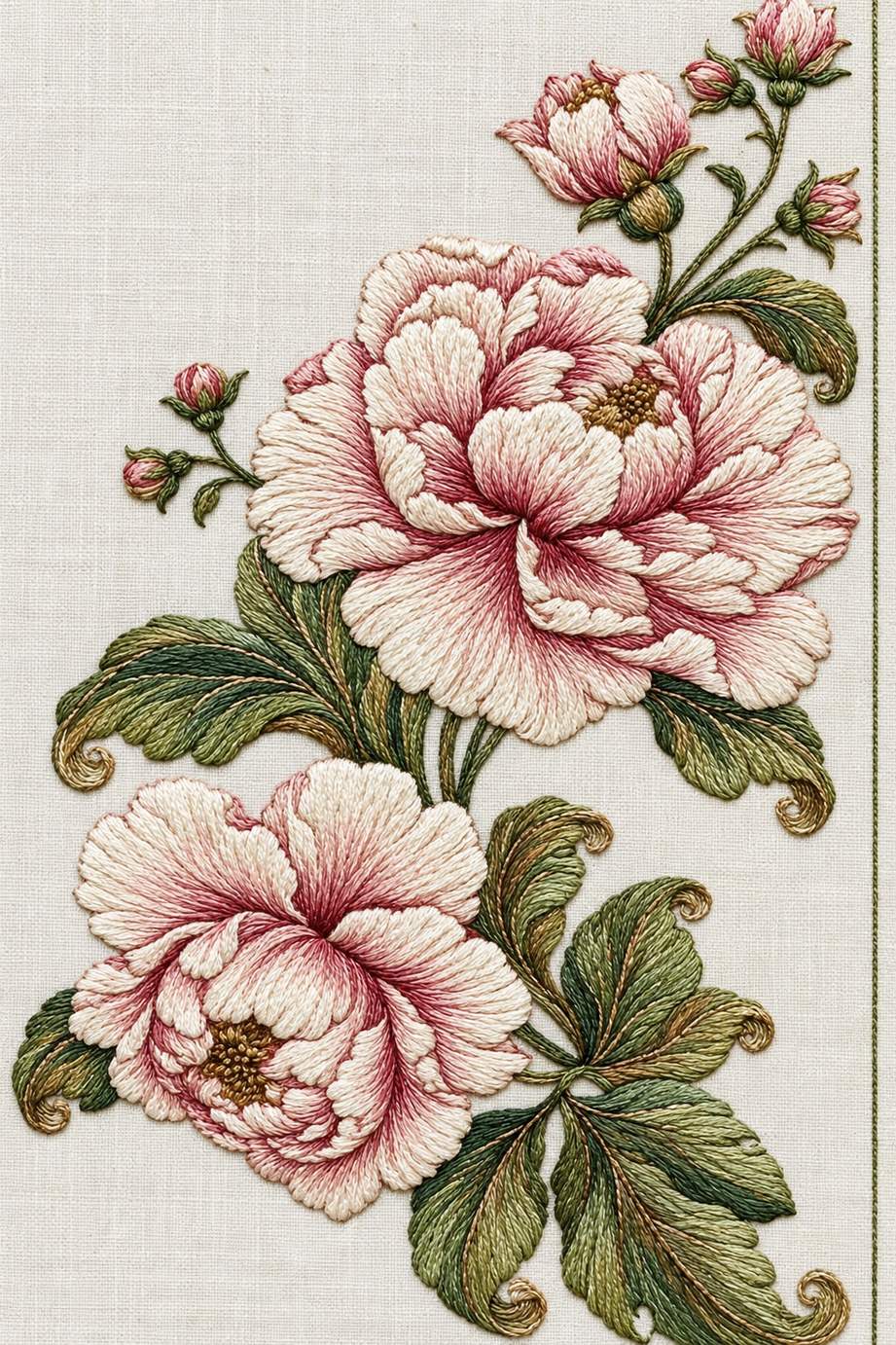 Renaissance Hand Embroidery Book 5 - three peony branch. Fine cotton hand embroidery preview faithful to the original design.