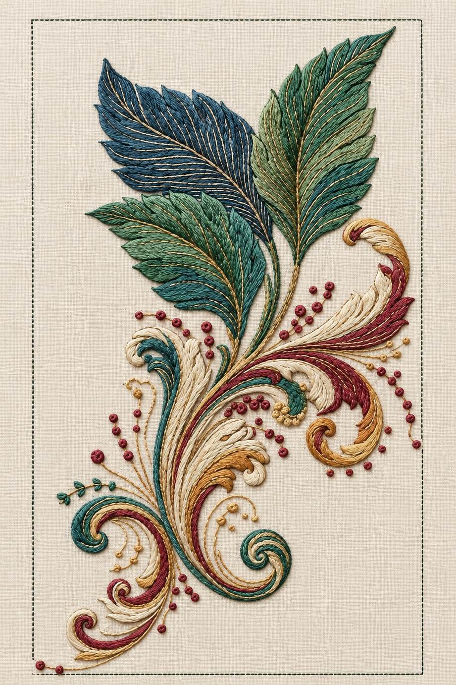 Renaissance Hand Embroidery Book 6 - three leaf acanthus spray. Fine cotton hand embroidery preview faithful to the original design.