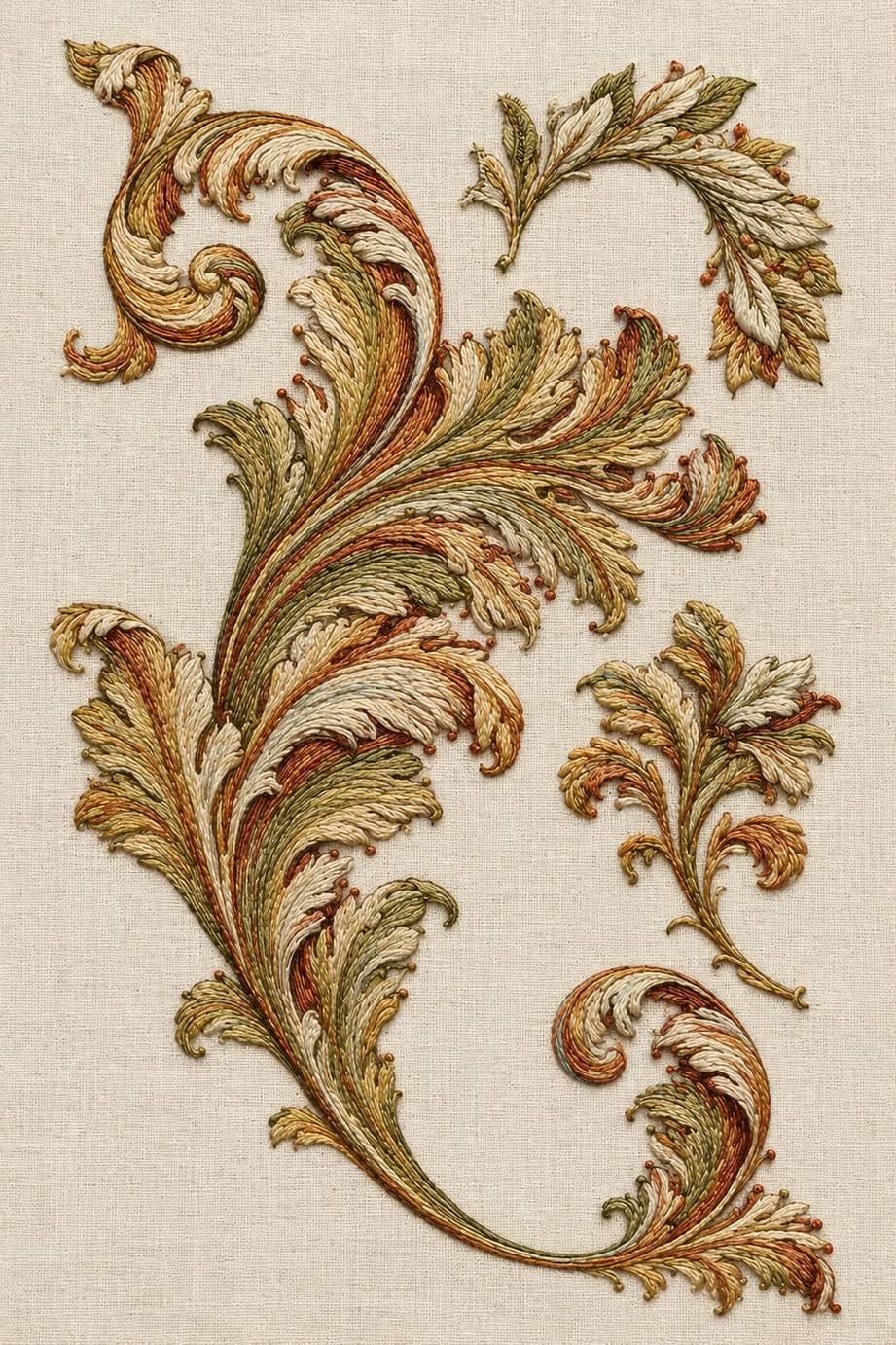 Renaissance Hand Embroidery Book 6 - acanthus study plate. Fine cotton hand embroidery preview faithful to the original design.
