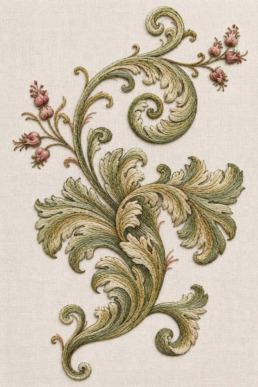 Renaissance Hand Embroidery Book 6 - flowing acanthus scroll. Fine cotton hand embroidery preview faithful to the original design.