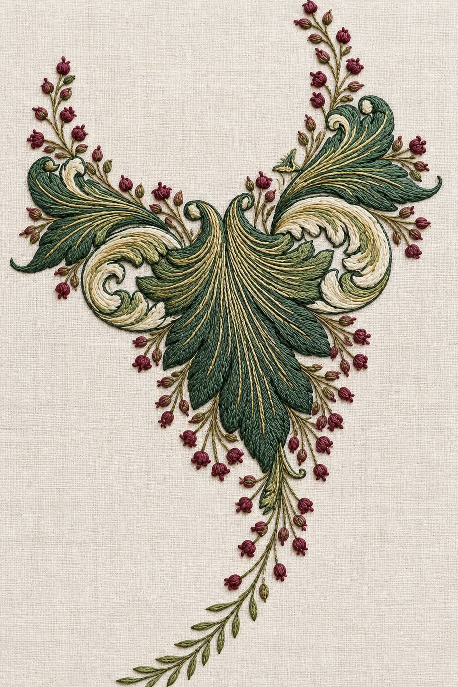 Renaissance Hand Embroidery Book 6 - hanging acanthus pendant. Fine cotton hand embroidery preview faithful to the original design.