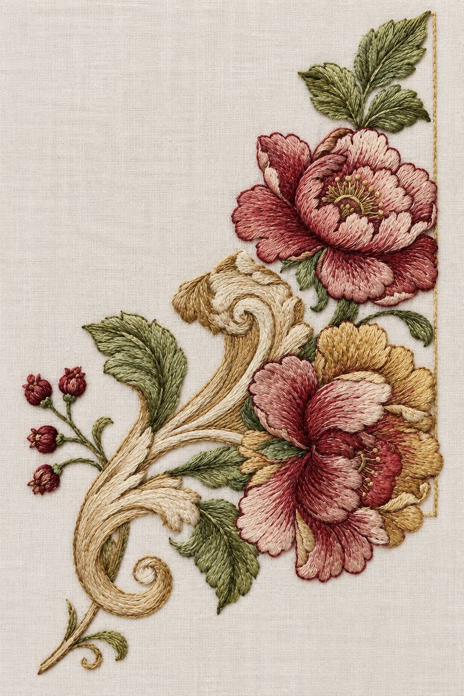Renaissance Hand Embroidery Book 6 - two flower acanthus corner. Fine cotton hand embroidery preview faithful to the original design.