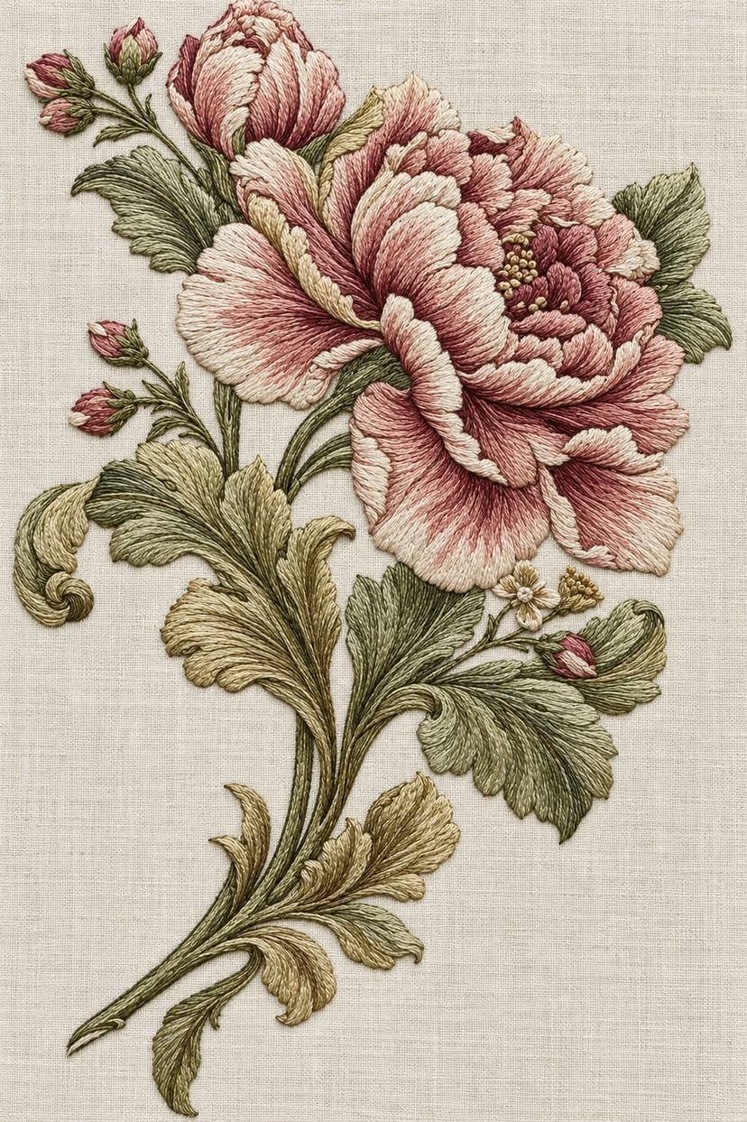 Renaissance Hand Embroidery Book 6 - large peony branch. Fine cotton hand embroidery preview faithful to the original design.