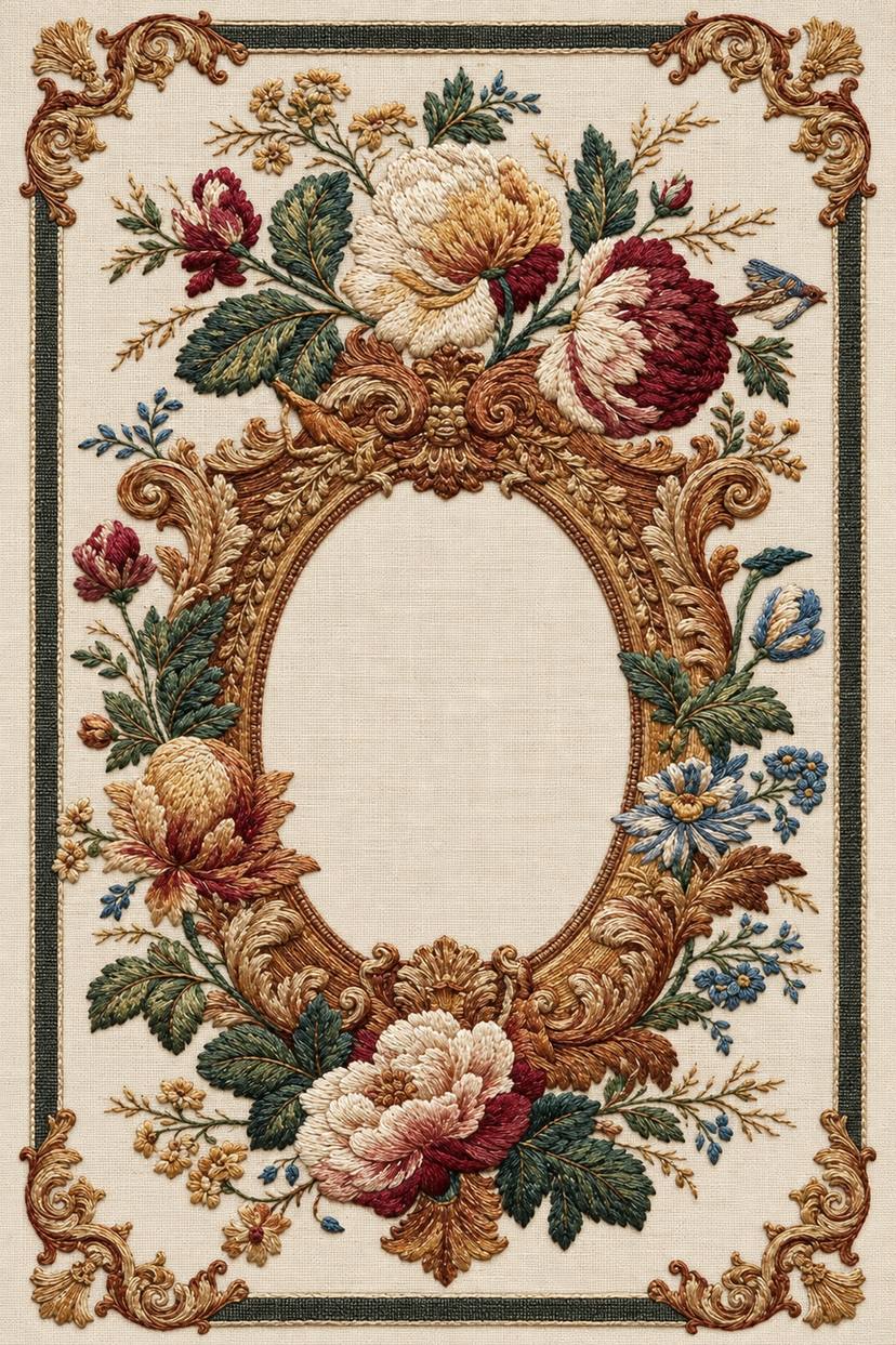 Renaissance Hand Embroidery Book 7 - ornate floral oval frame. Fine cotton hand embroidery preview faithful to the original design.