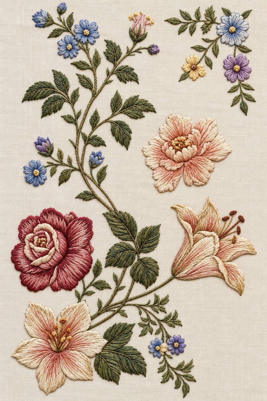 Renaissance Hand Embroidery Book 7 - floral study collection. Fine cotton hand embroidery preview faithful to the original design.